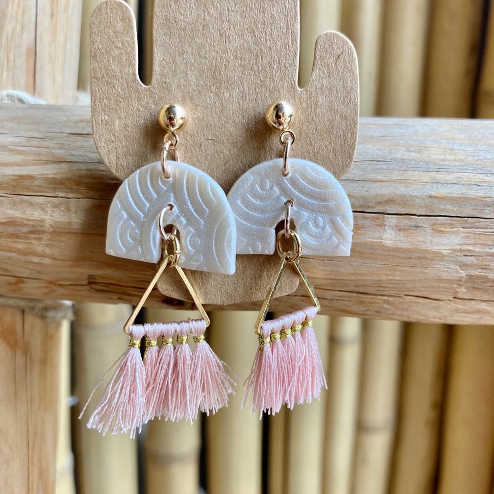 White rainbow tassel earrings